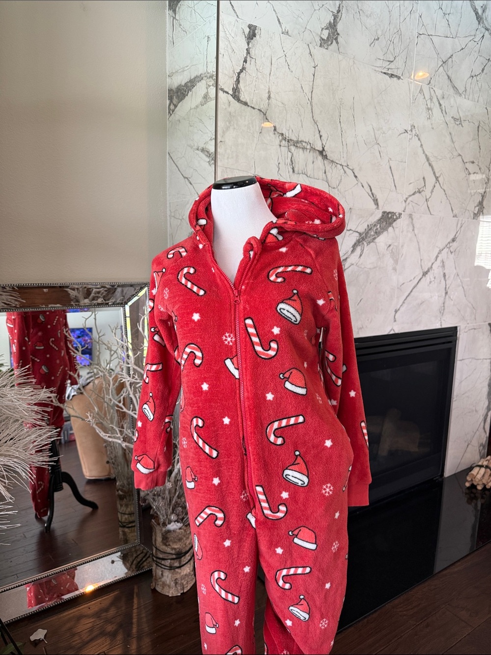 Women's Red Candy Cane Hooded Jumpsuit Romper